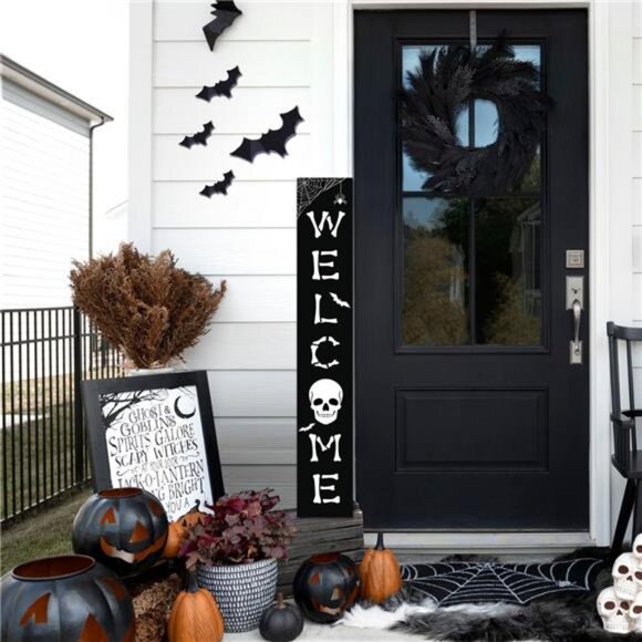 Halloween Welcome Sign Skull Front Door Hanging Decor Wooden Vertical Indoor - Picture 5 of 8
